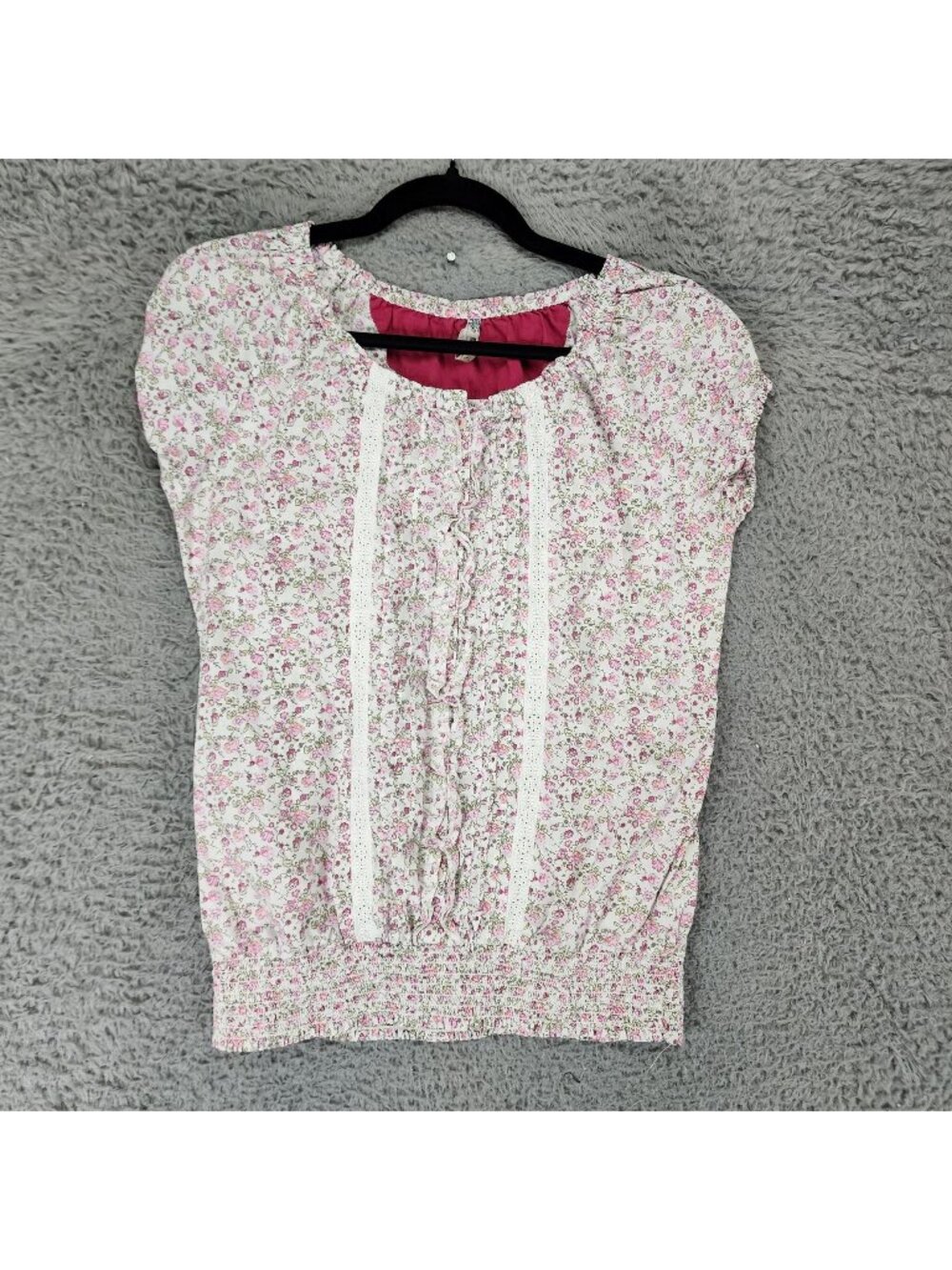 Bare Denim Top Womens Large Pink Floral Cap Sleeve Cottagecore Blouse